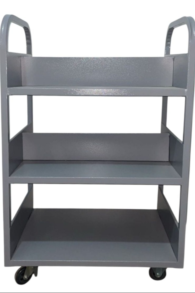 Carrinho de Aço para Livros Possui 02 Bandejas Inclinadas com Divisória e 01 Bandeja Reta